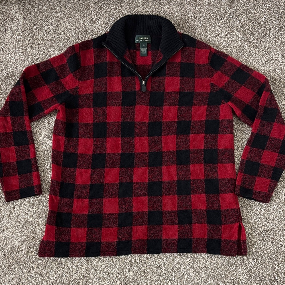 Ralph Lauren Women’s 100% Lambswool Red Tartan Plaid Quarter-Zip Sweater Size M